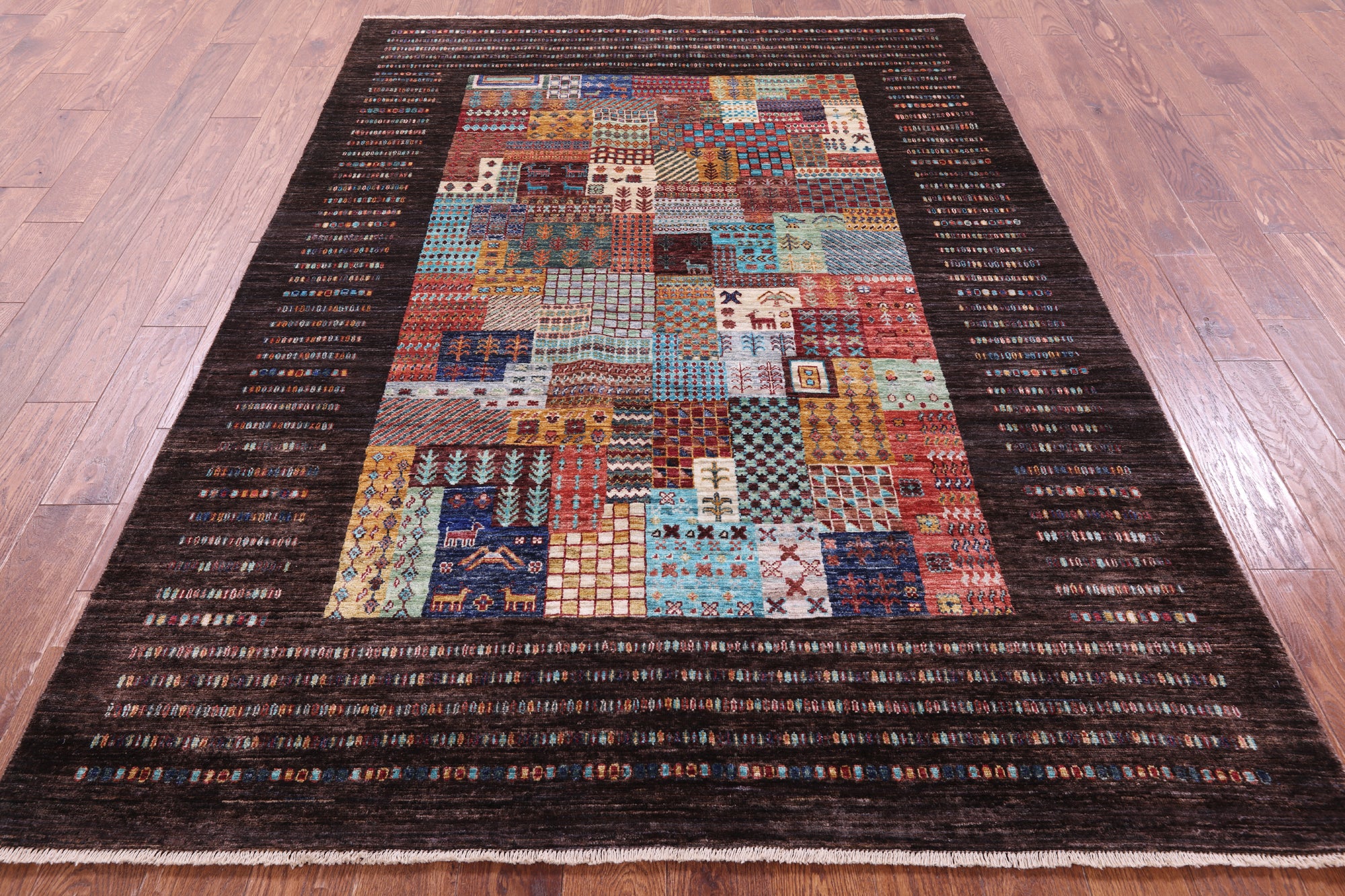 Brown Tribal Persian Gabbeh Hand Knotted Wool Rug - 5' 8" X 7' 11" - Golden Nile