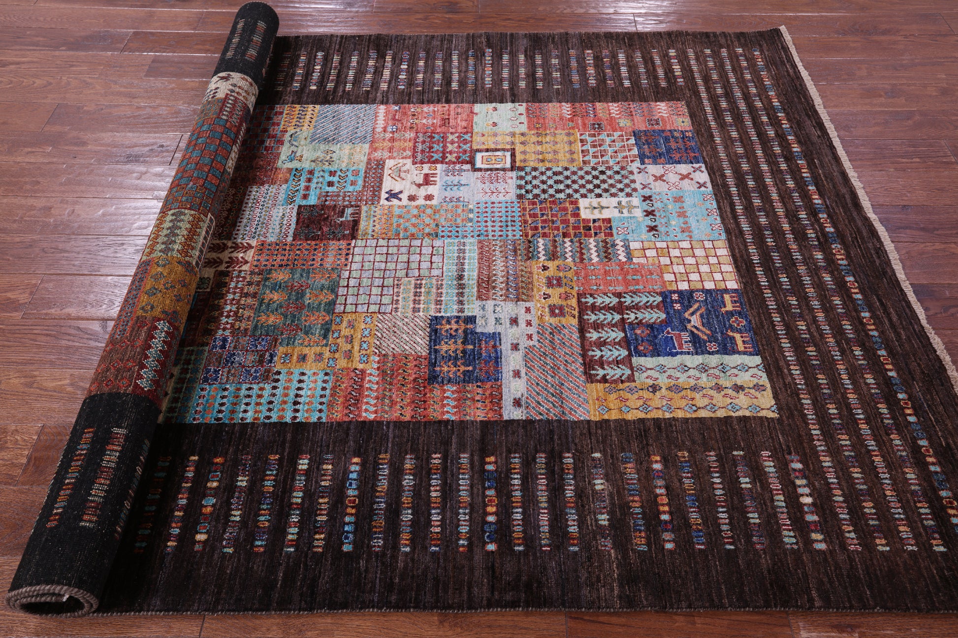 Brown Tribal Persian Gabbeh Hand Knotted Wool Rug - 5' 8" X 7' 11" - Golden Nile
