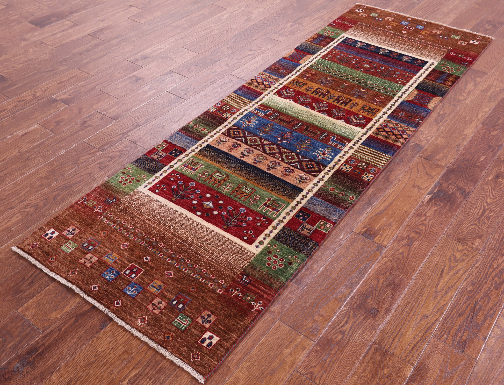 Tribal Persian Gabbeh Hand Knotted Wool Runner Rug - 2' 8" X 8' 2" - Golden Nile