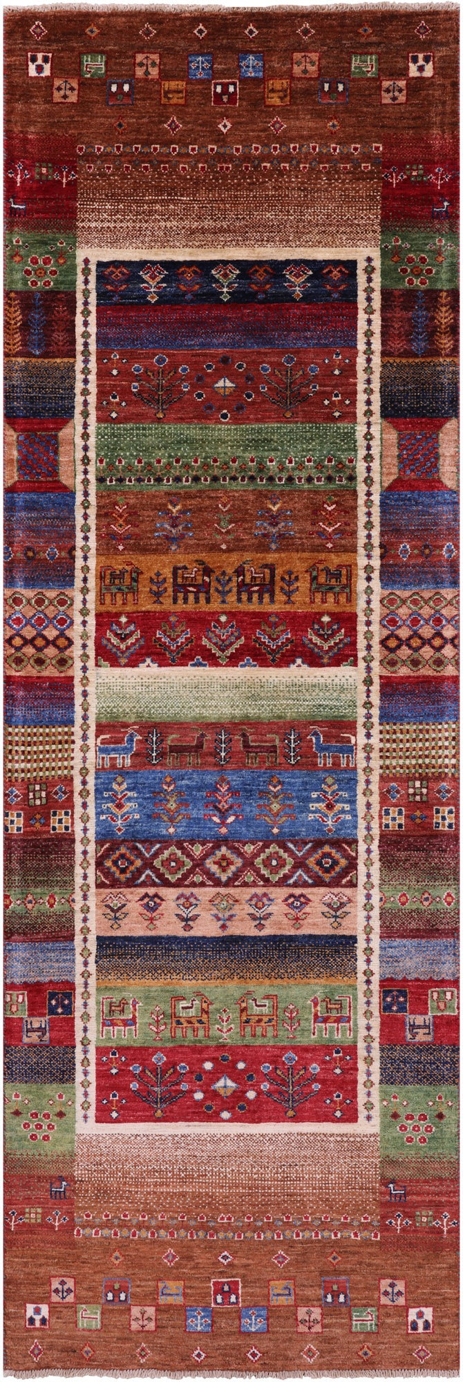 Tribal Persian Gabbeh Hand Knotted Wool Runner Rug - 2' 8" X 8' 2" - Golden Nile