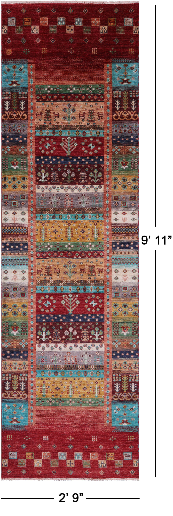 Tribal Persian Gabbeh Hand Knotted Wool Runner Rug - 2' 9" X 9' 11" - Golden Nile