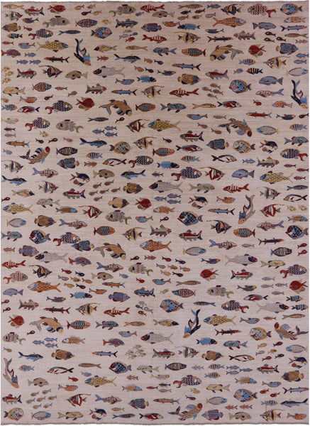 Ivory Fish Design Persian Gabbeh Handmade Wool Rug - 9' 8" X 13' 6" - Golden Nile