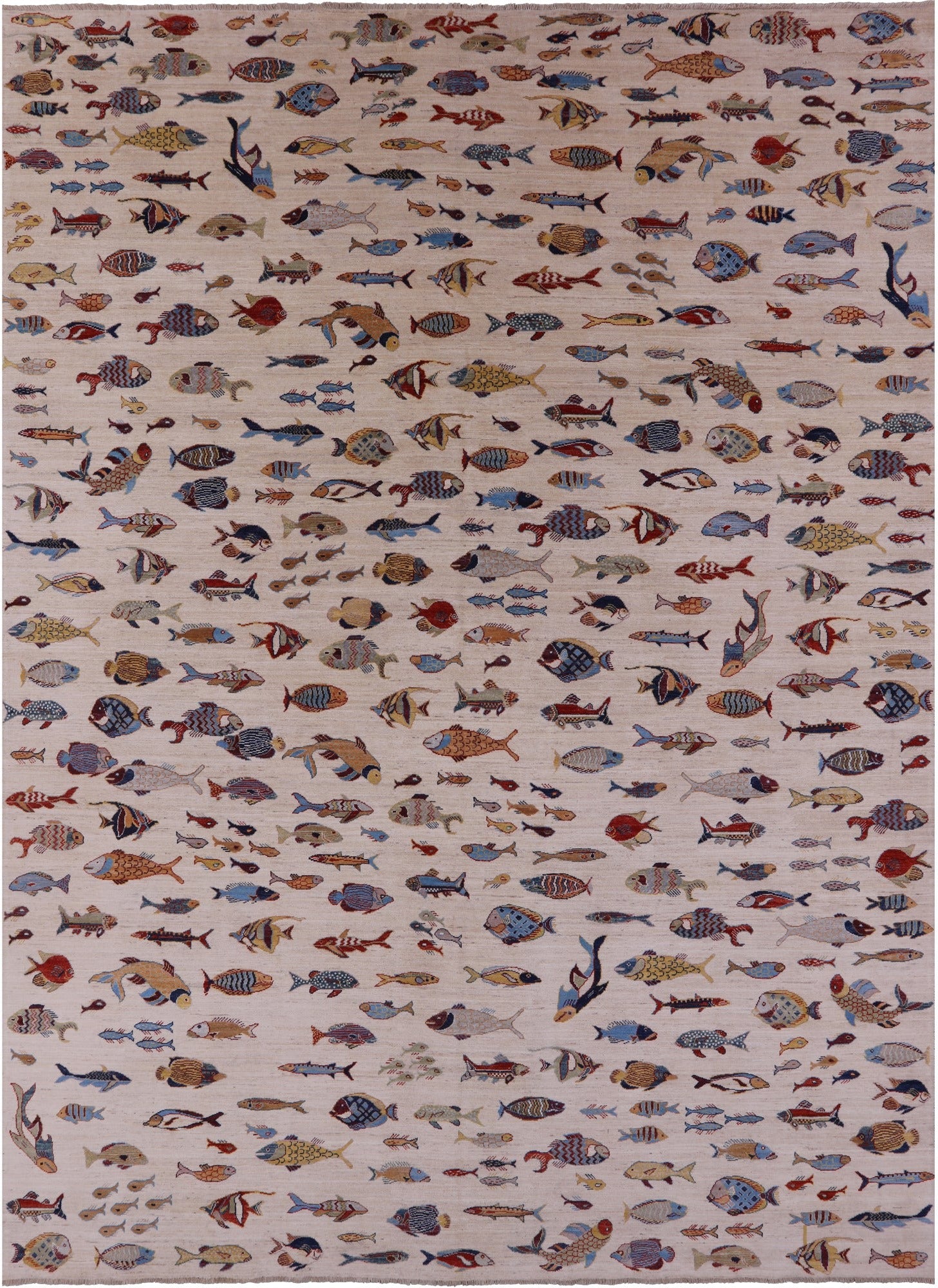 Ivory Fish Design Persian Gabbeh Handmade Wool Rug - 9' 8" X 13' 6" - Golden Nile