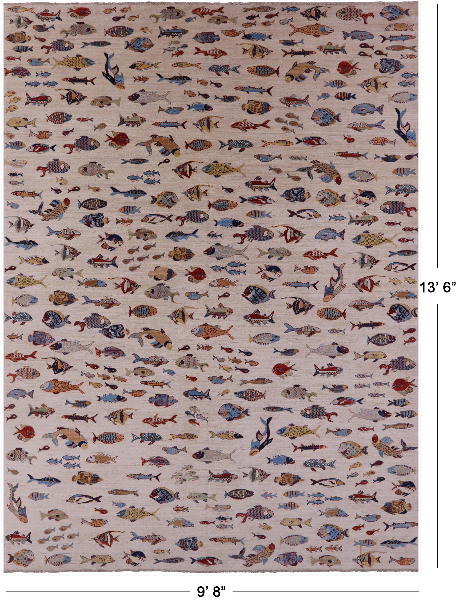 Ivory Fish Design Persian Gabbeh Handmade Wool Rug - 9' 8" X 13' 6" - Golden Nile