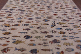 Ivory Fish Design Persian Gabbeh Handmade Wool Rug - 9' 8" X 13' 6" - Golden Nile