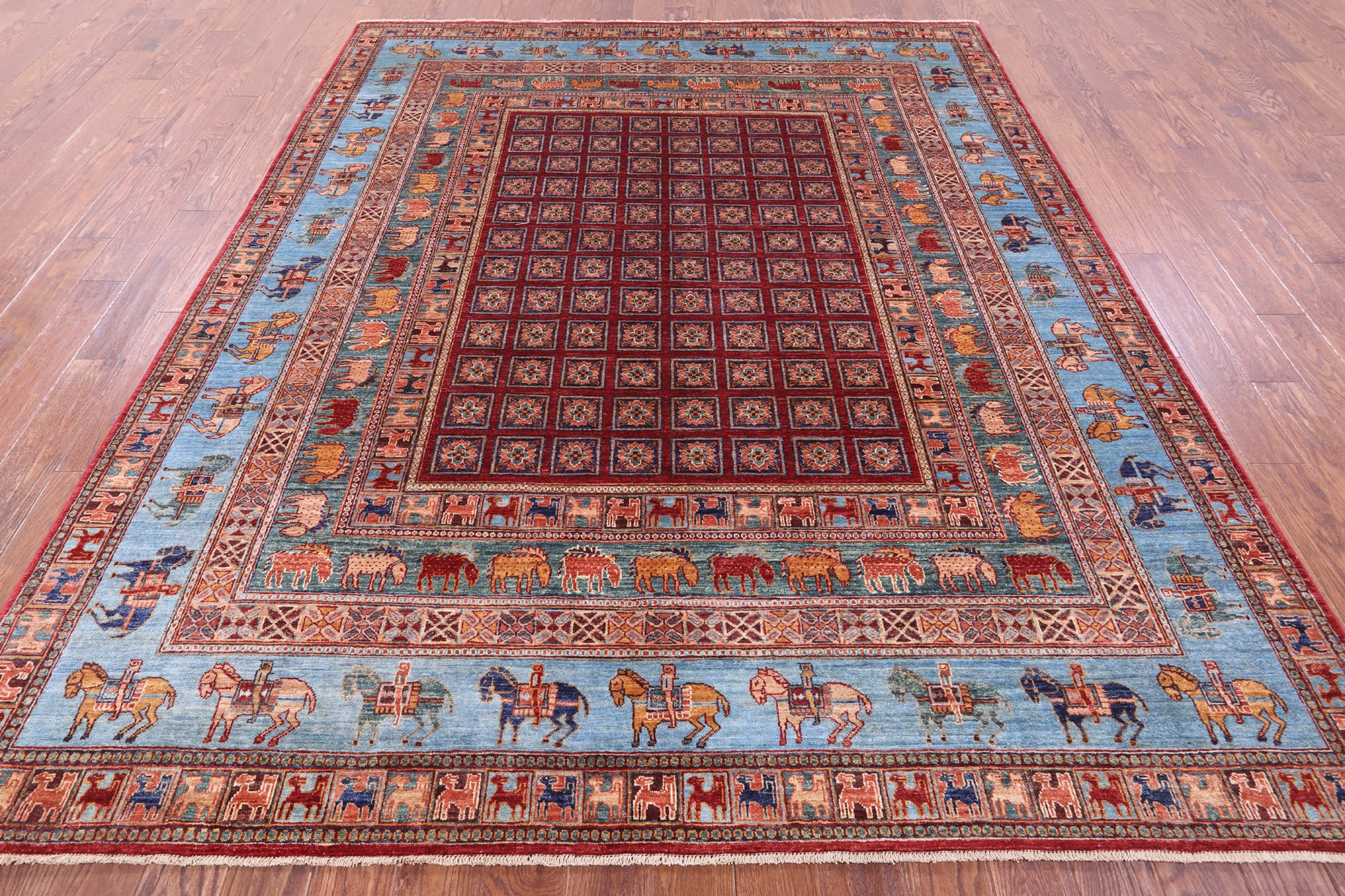 Antiqued Pazyryk Historical Design Handmade Wool Rug - 8' 1" X 9' 9" - Golden Nile