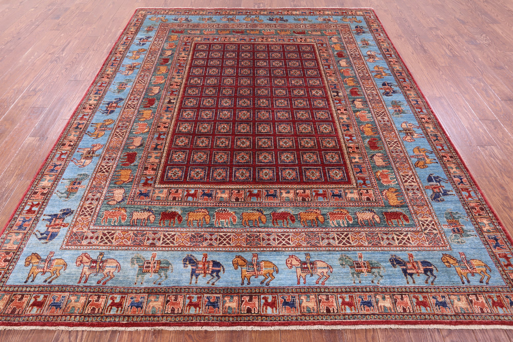 Antiqued Pazyryk Historical Design Handmade Wool Rug - 8' 1" X 9' 9" - Golden Nile