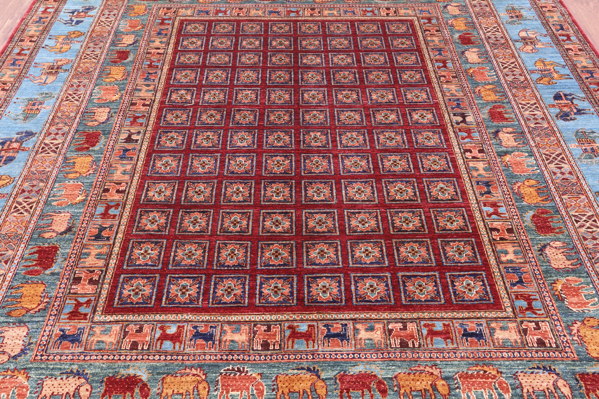 Antiqued Pazyryk Historical Design Handmade Wool Rug - 8' 1" X 9' 9" - Golden Nile