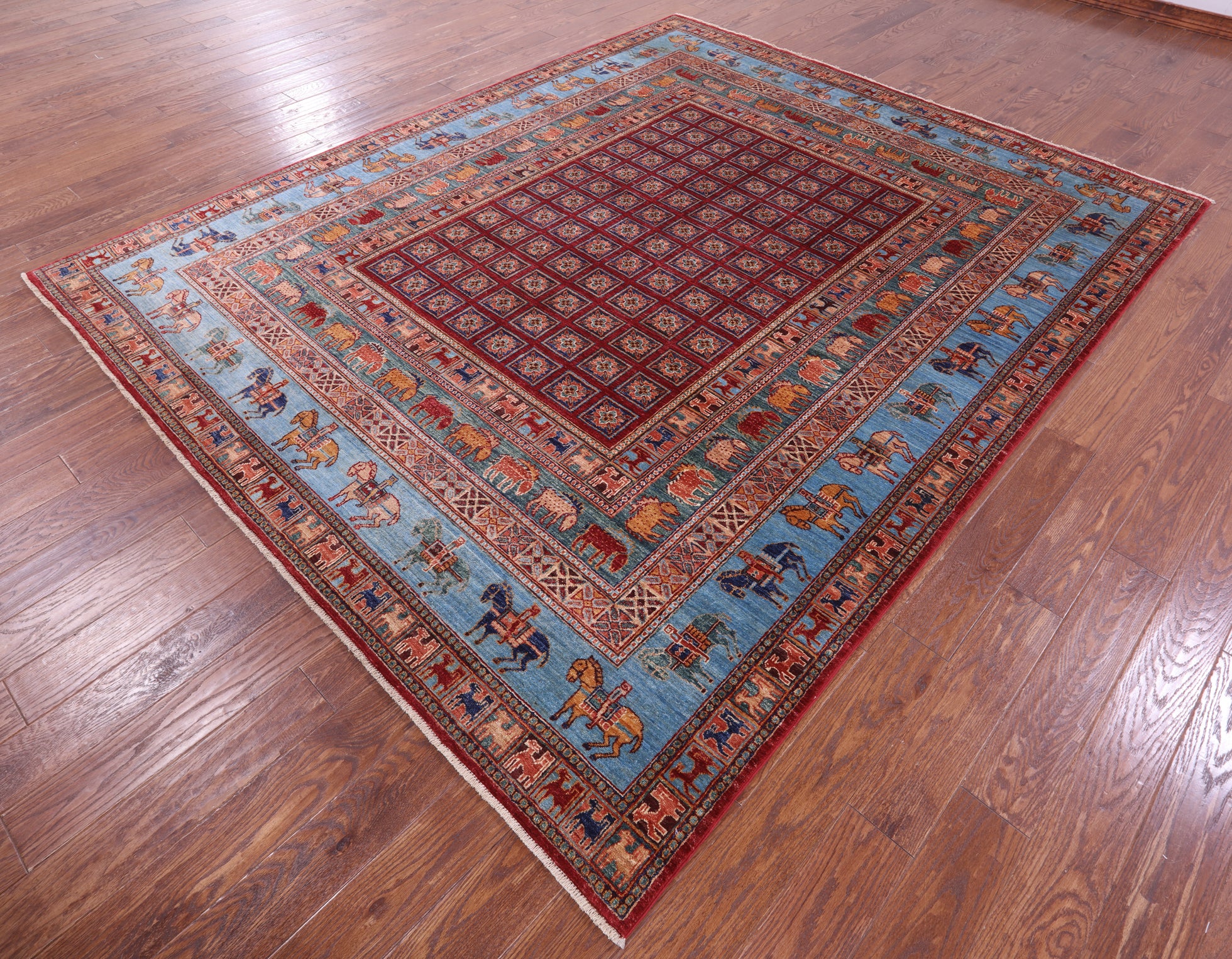 Antiqued Pazyryk Historical Design Handmade Wool Rug - 8' 1" X 9' 9" - Golden Nile