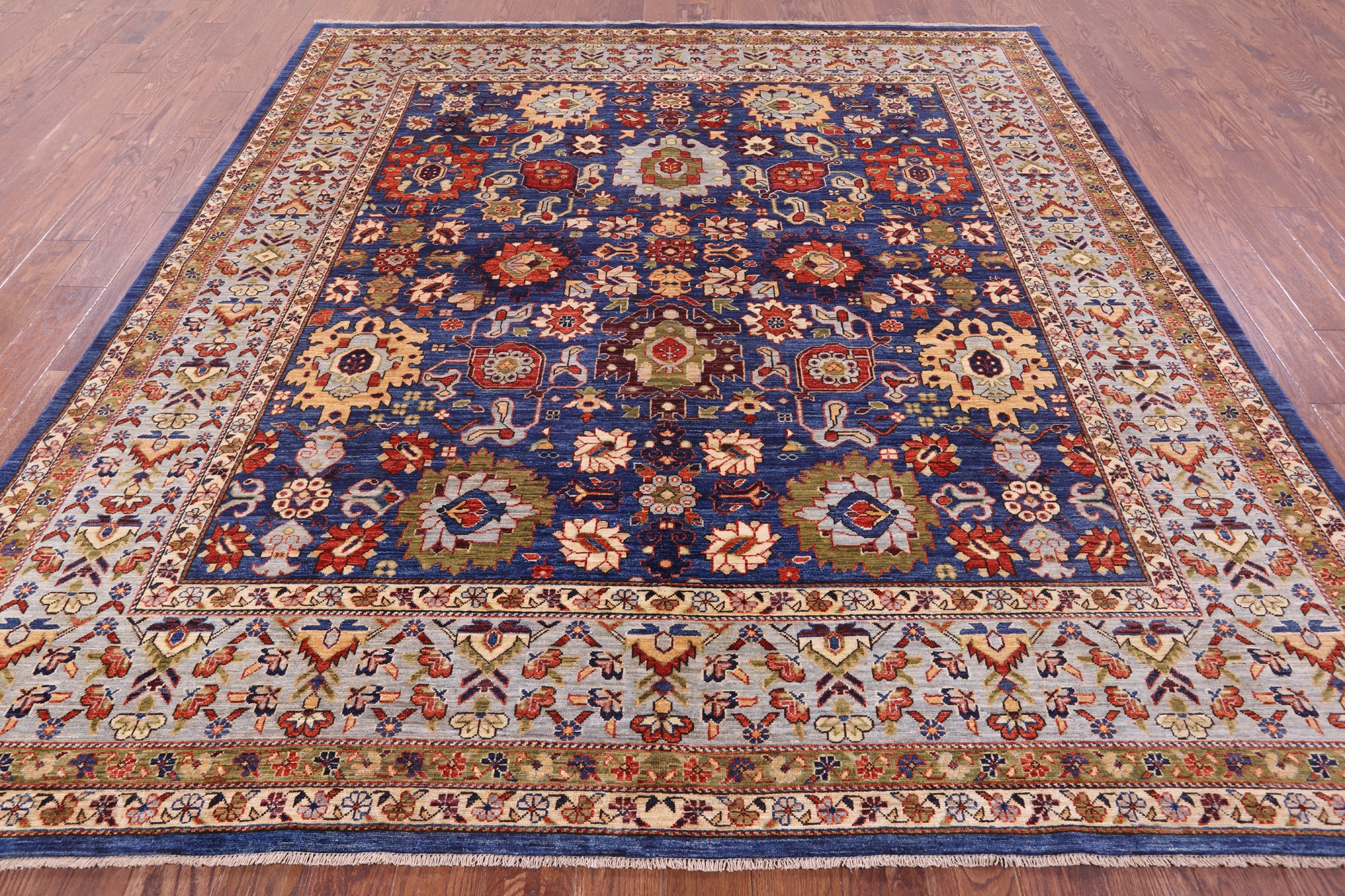 Blue Square Persian Fine Serapi Hand Knotted Wool Rug - 8' 10" X 9' 4" - Golden Nile