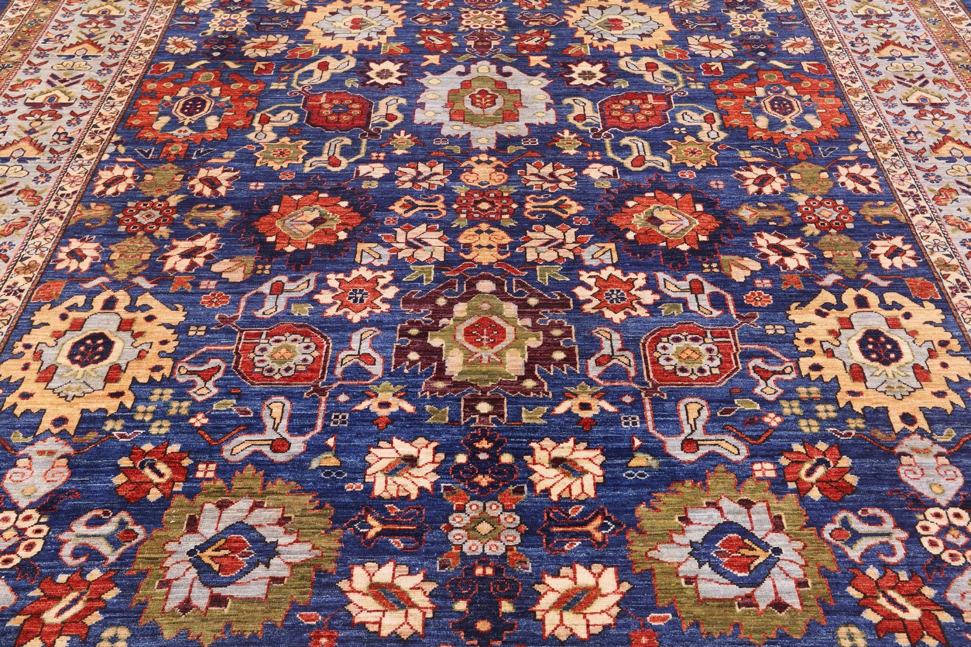 Blue Square Persian Fine Serapi Hand Knotted Wool Rug - 8' 10" X 9' 4" - Golden Nile