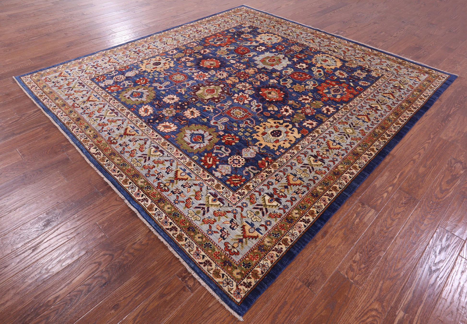 Blue Square Persian Fine Serapi Hand Knotted Wool Rug - 8' 10" X 9' 4" - Golden Nile