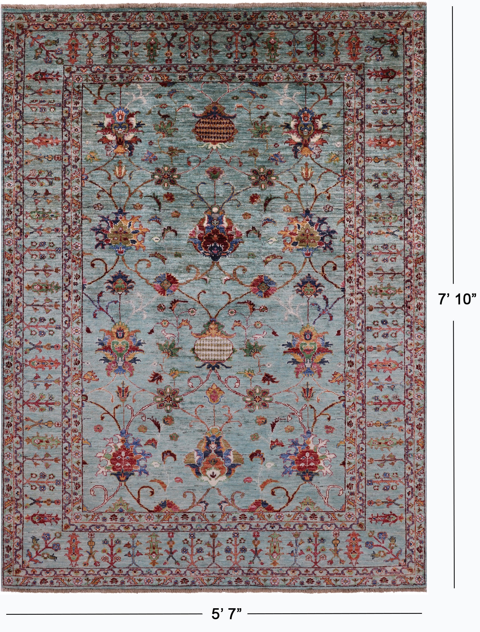 Green Peshawar Hand Knotted Wool Rug - 5' 7" X 7' 10" - Golden Nile