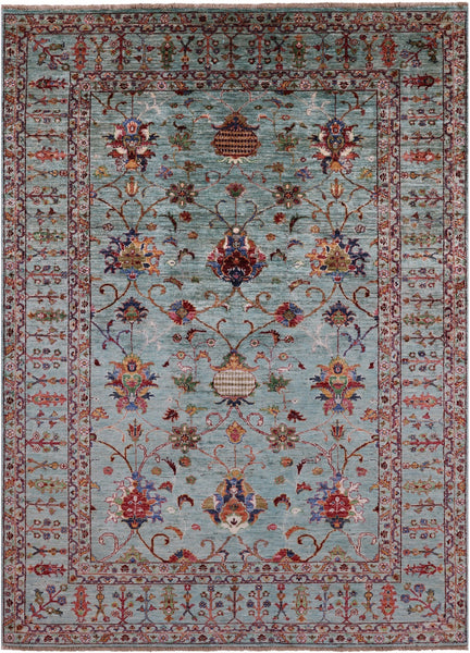 Green Peshawar Hand Knotted Wool Rug - 5' 7" X 7' 10" - Golden Nile
