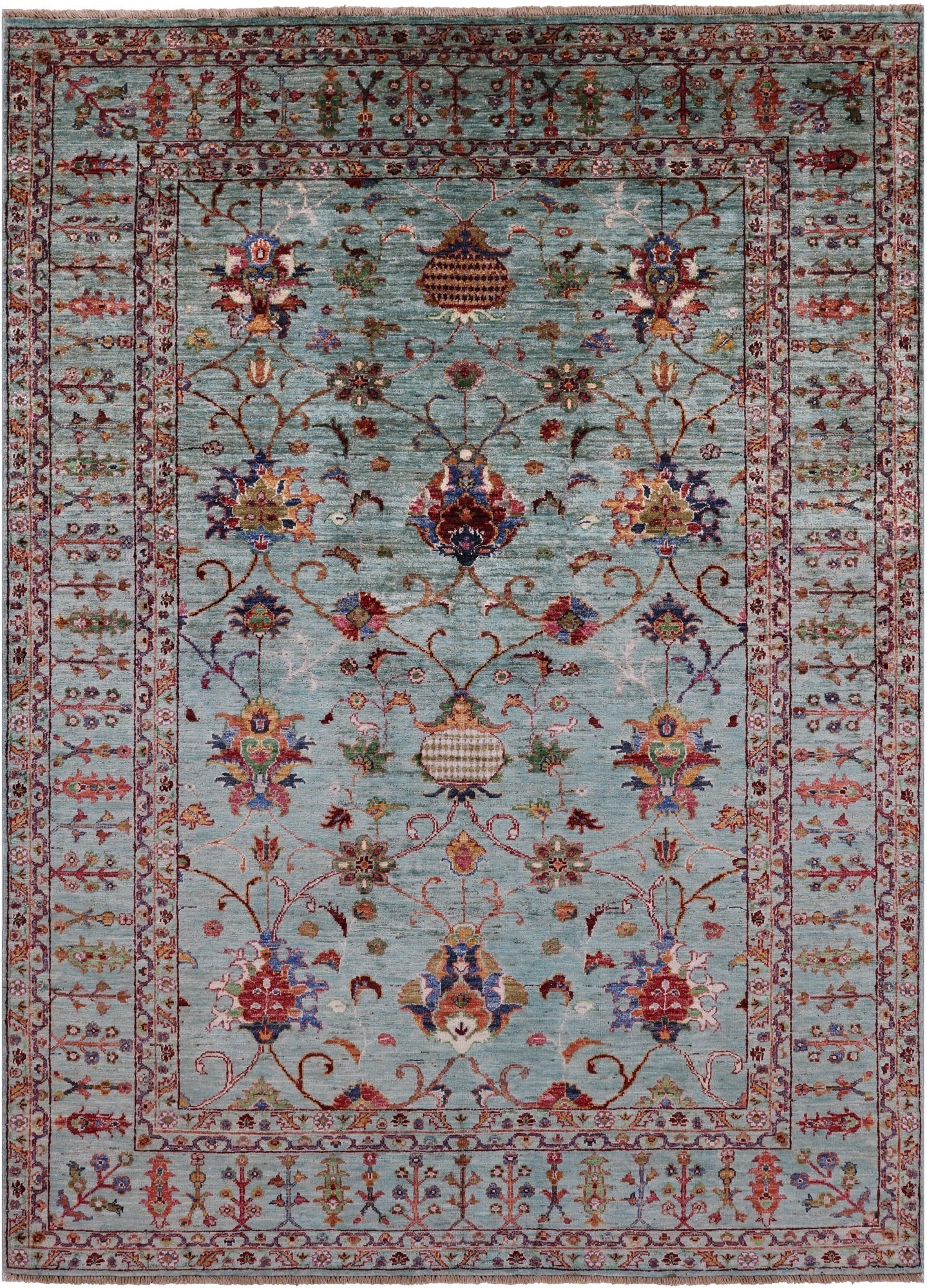 Green Peshawar Hand Knotted Wool Rug - 5' 7" X 7' 10" - Golden Nile