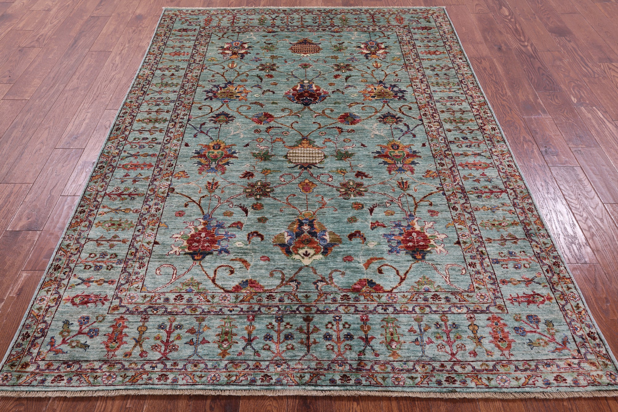 Green Peshawar Hand Knotted Wool Rug - 5' 7" X 7' 10" - Golden Nile