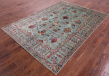 Green Peshawar Hand Knotted Wool Rug - 5' 7" X 7' 10" - Golden Nile