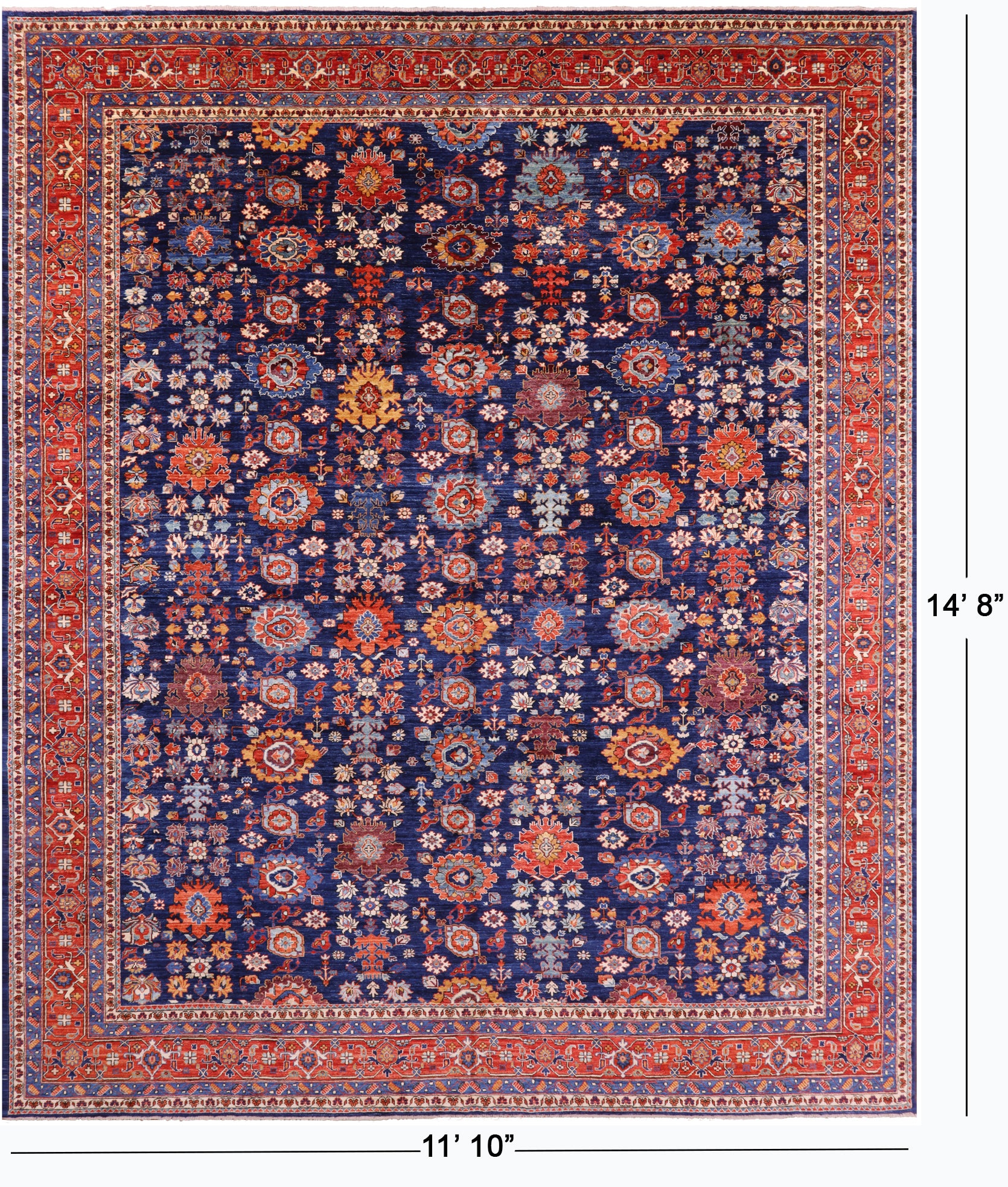 Blue Persian Fine Serapi Hand Knotted Wool Rug - 11' 10" X 14' 8" - Golden Nile