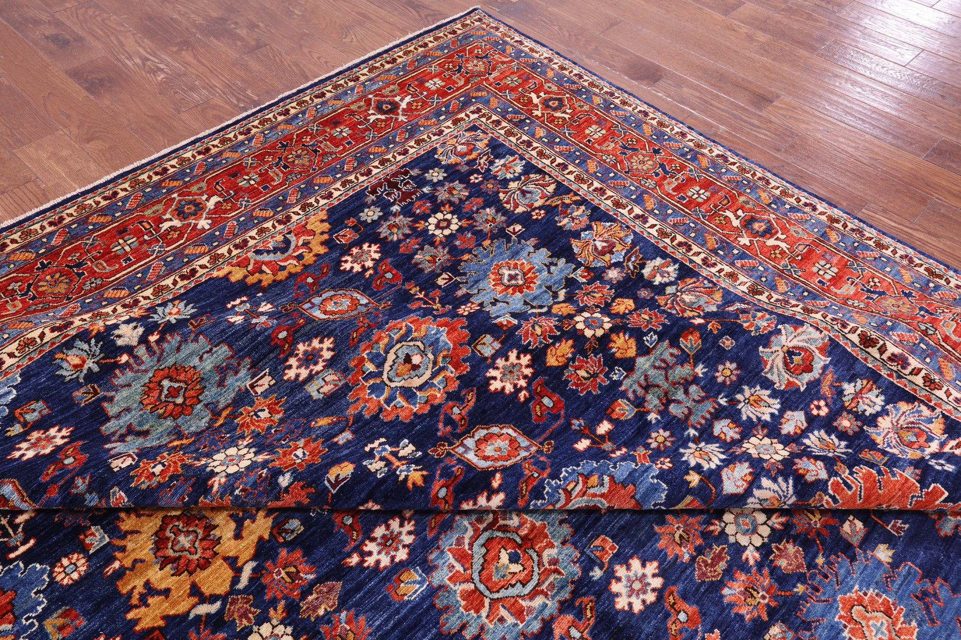 Blue Persian Fine Serapi Hand Knotted Wool Rug - 11' 10" X 14' 8" - Golden Nile