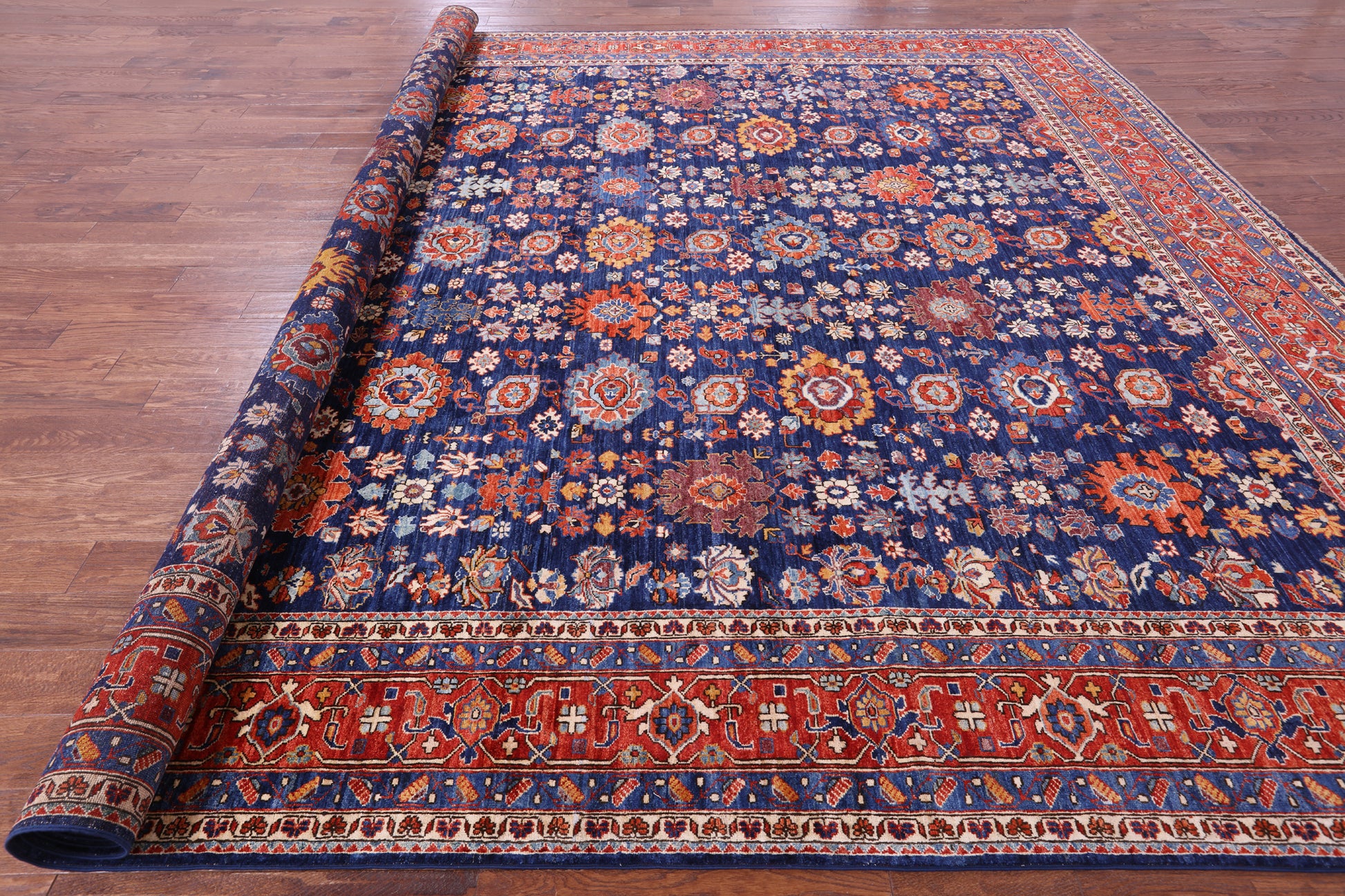 Blue Persian Fine Serapi Hand Knotted Wool Rug - 11' 10" X 14' 8" - Golden Nile