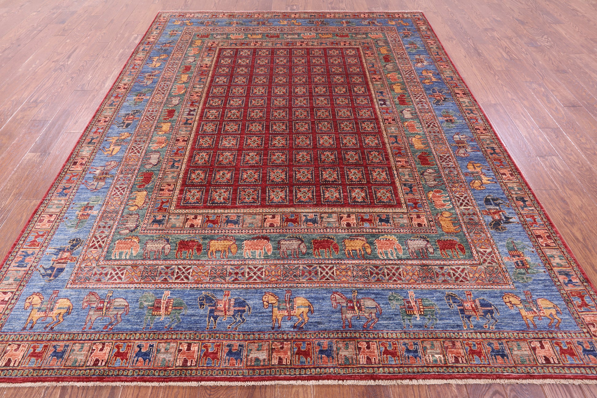 Antiqued Pazyryk Historical Design Hand Knotted Wool Rug - 7' 11" X 9' 11" - Golden Nile