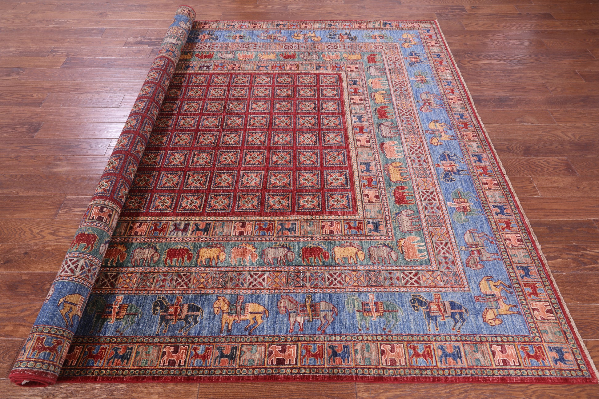 Antiqued Pazyryk Historical Design Hand Knotted Wool Rug - 7' 11" X 9' 11" - Golden Nile