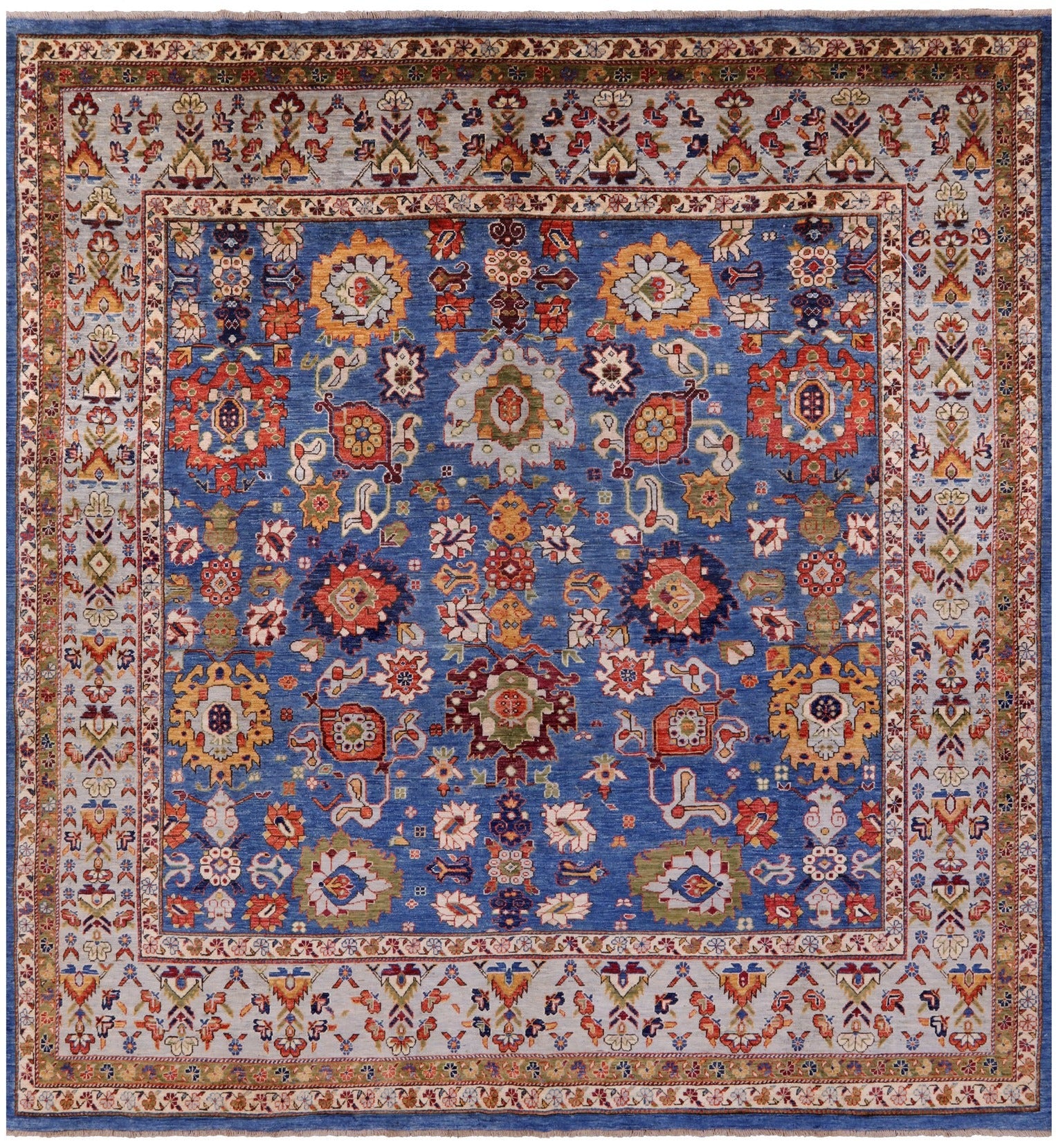 Blue Square Persian Fine Serapi Hand Knotted Wool Rug - 8' 11" X 9' 4" - Golden Nile