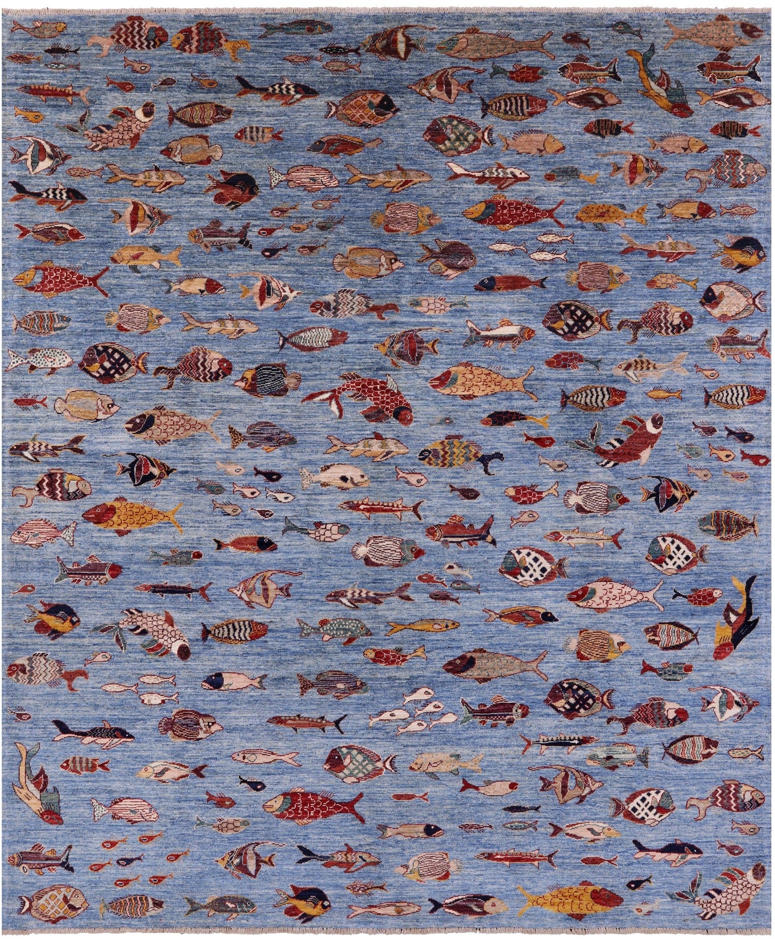Blue Fish Design Persian Gabbeh Hand Knotted Wool Rug - 8' 1" X 9' 8" - Golden Nile