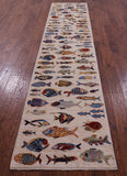 Ivory Fish Design Persian Gabbeh Handmade Wool Runner Rug - 2' 7" X 11' 7" - Golden Nile
