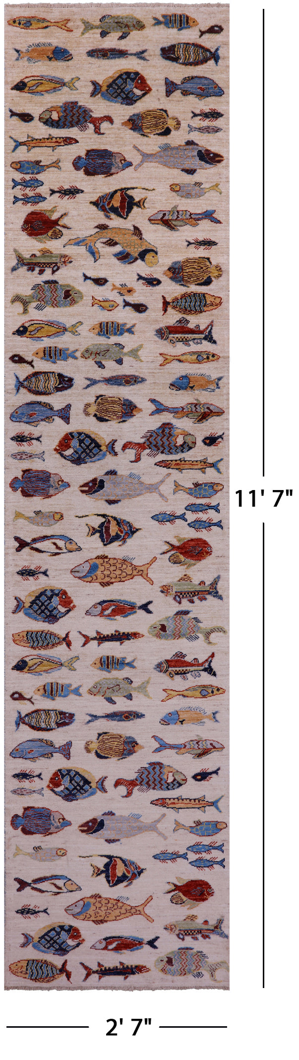 Ivory Fish Design Persian Gabbeh Handmade Wool Runner Rug - 2' 7" X 11' 7" - Golden Nile