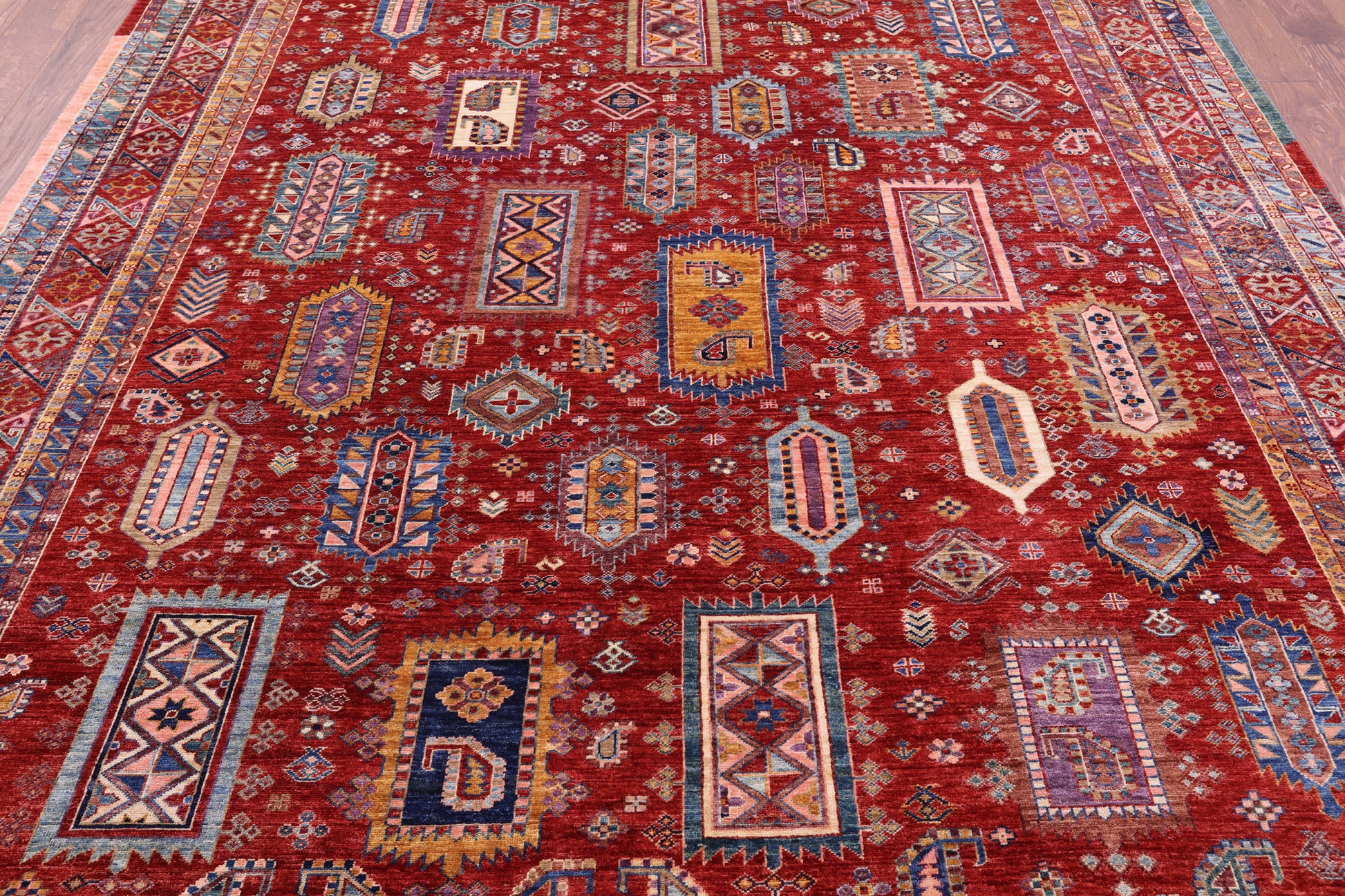 Red Persian Fine Serapi Hand Knotted Wool Rug - 8' 0" X 9' 10" - Golden Nile