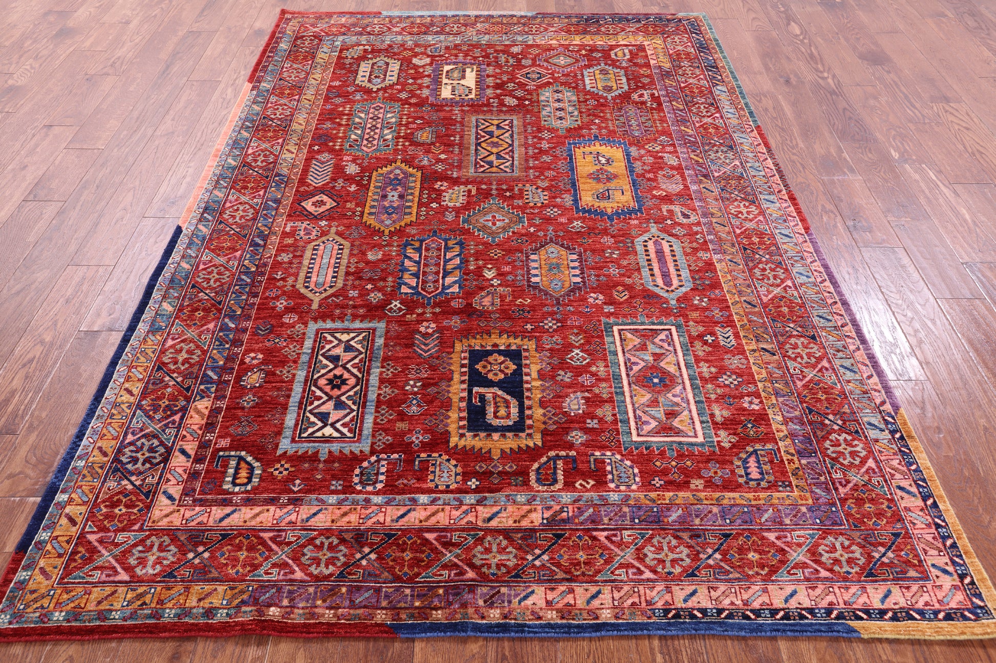 Red Persian Fine Serapi Hand Knotted Wool Rug - 6' 0" X 8' 8" - Golden Nile