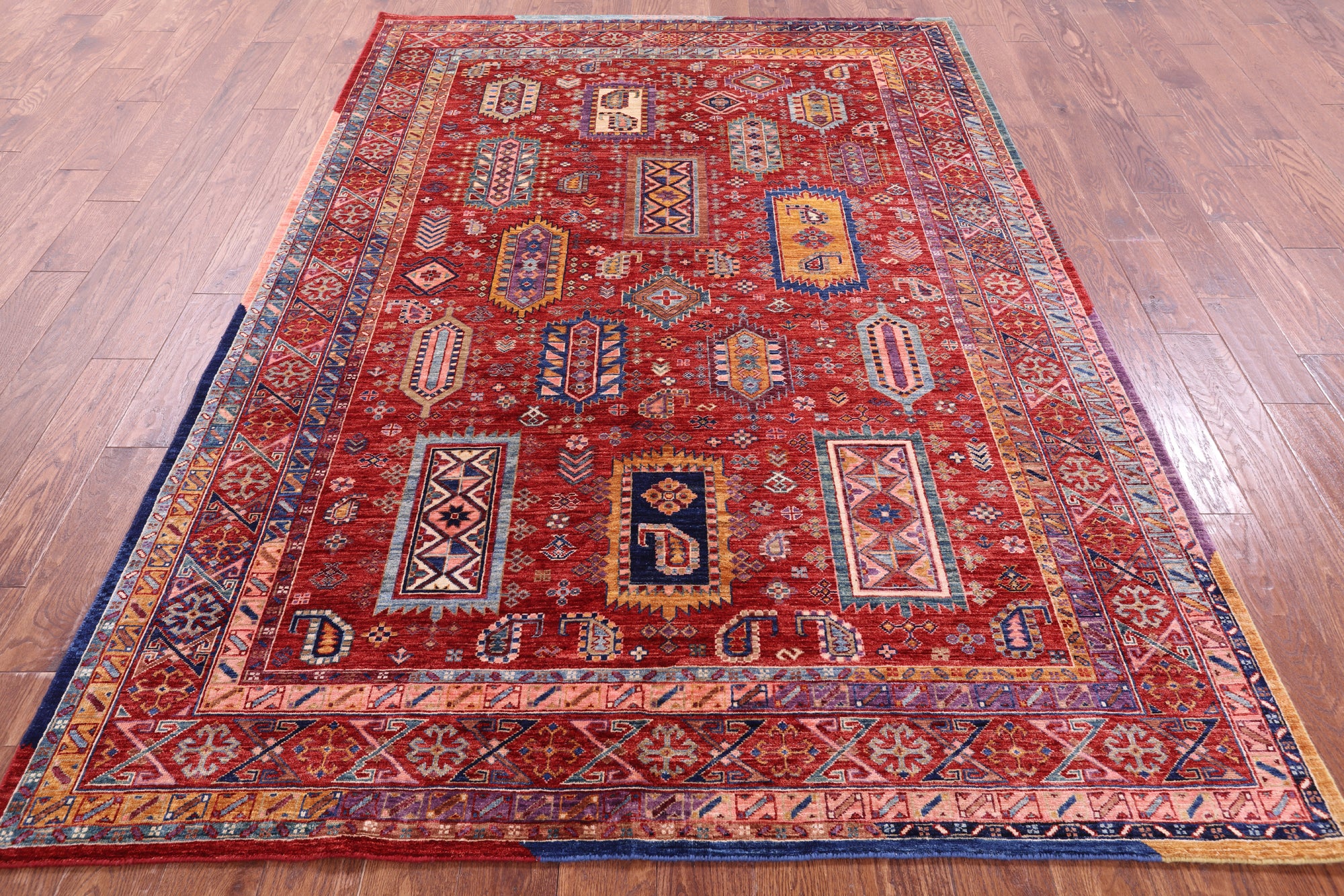 Red Persian Fine Serapi Hand Knotted Wool Rug - 6' 0" X 8' 8" - Golden Nile