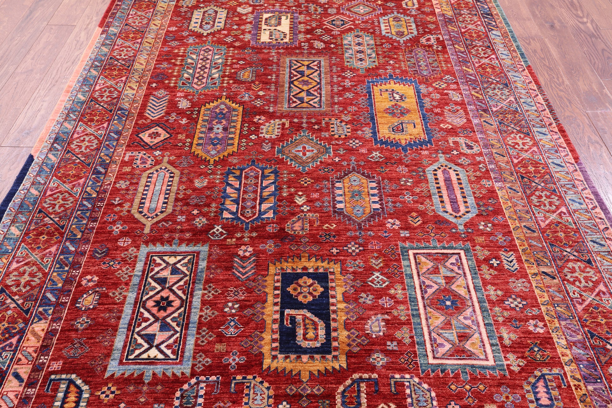 Red Persian Fine Serapi Hand Knotted Wool Rug - 6' 0" X 8' 8" - Golden Nile