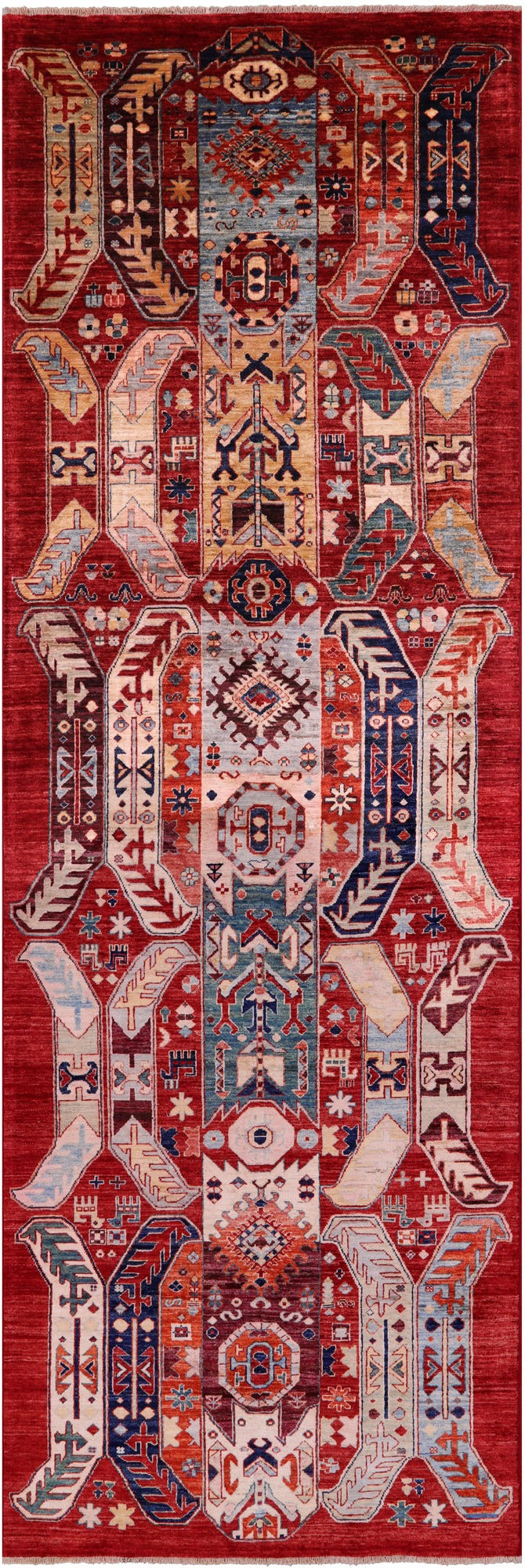 Red Persian Fine Serapi Hand Knotted Wool Runner Rug - 3' 11" X 12' 1" - Golden Nile