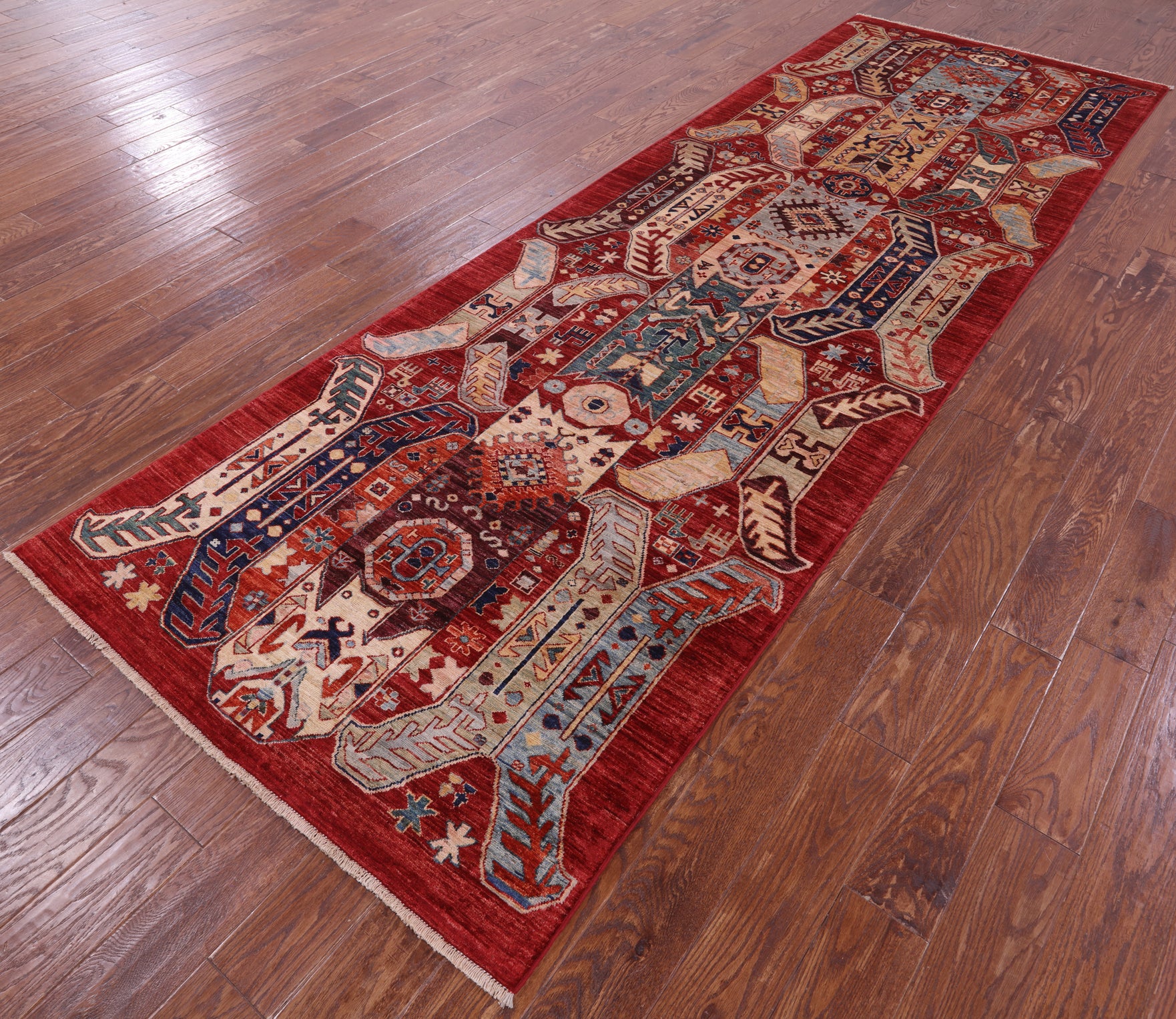 Red Persian Fine Serapi Hand Knotted Wool Runner Rug - 3' 11" X 12' 1" - Golden Nile