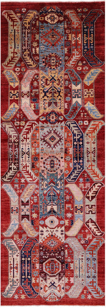 Red Persian Fine Serapi Hand Knotted Wool Runner Rug - 3' 11" X 11' 7" - Golden Nile