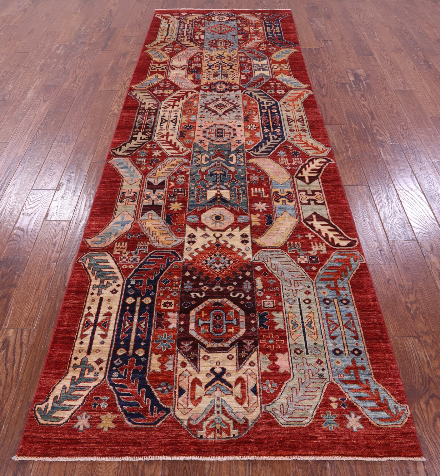 Red Persian Fine Serapi Hand Knotted Wool Runner Rug - 3' 11" X 11' 7" - Golden Nile