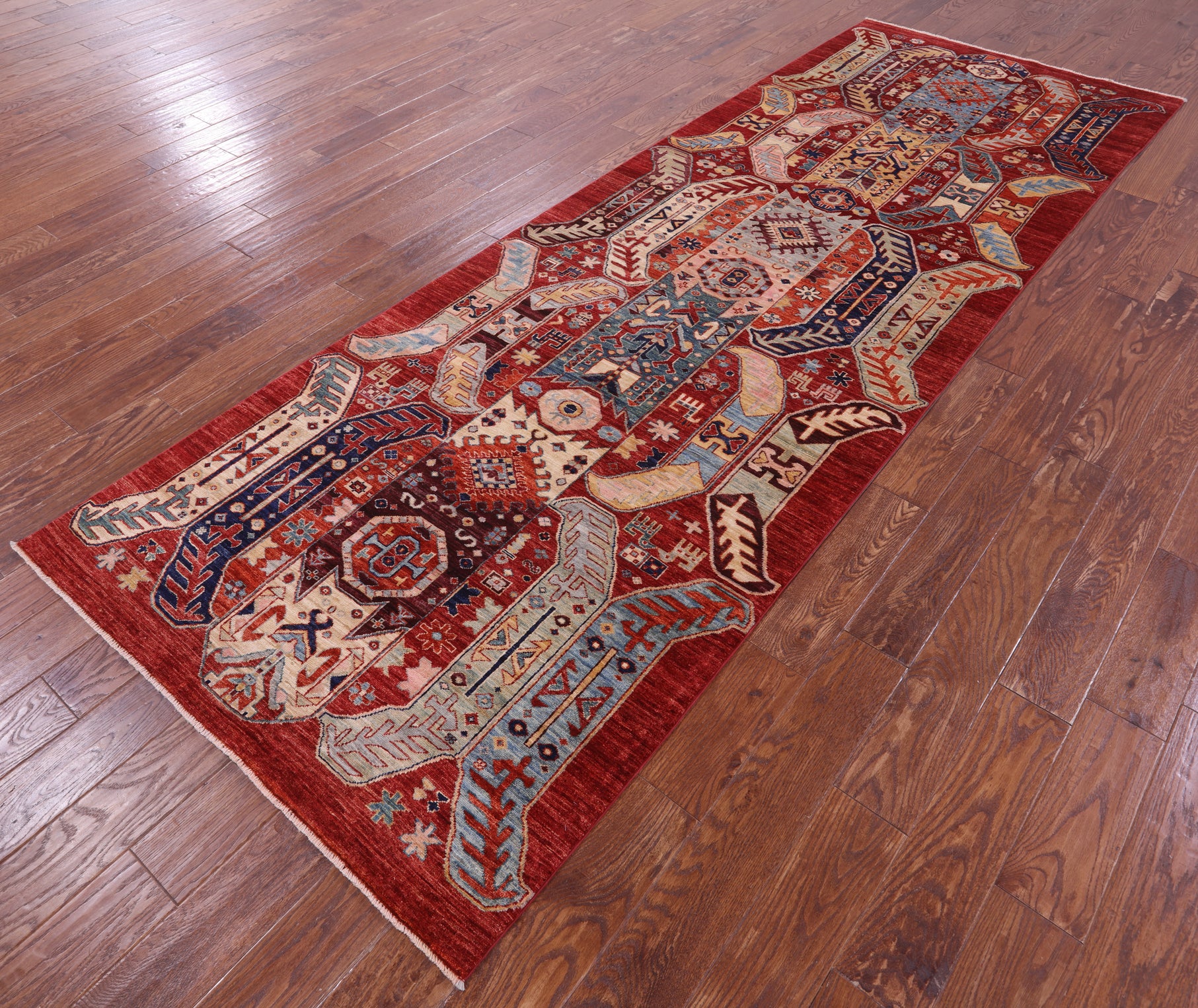 Red Persian Fine Serapi Hand Knotted Wool Runner Rug - 3' 11" X 11' 7" - Golden Nile