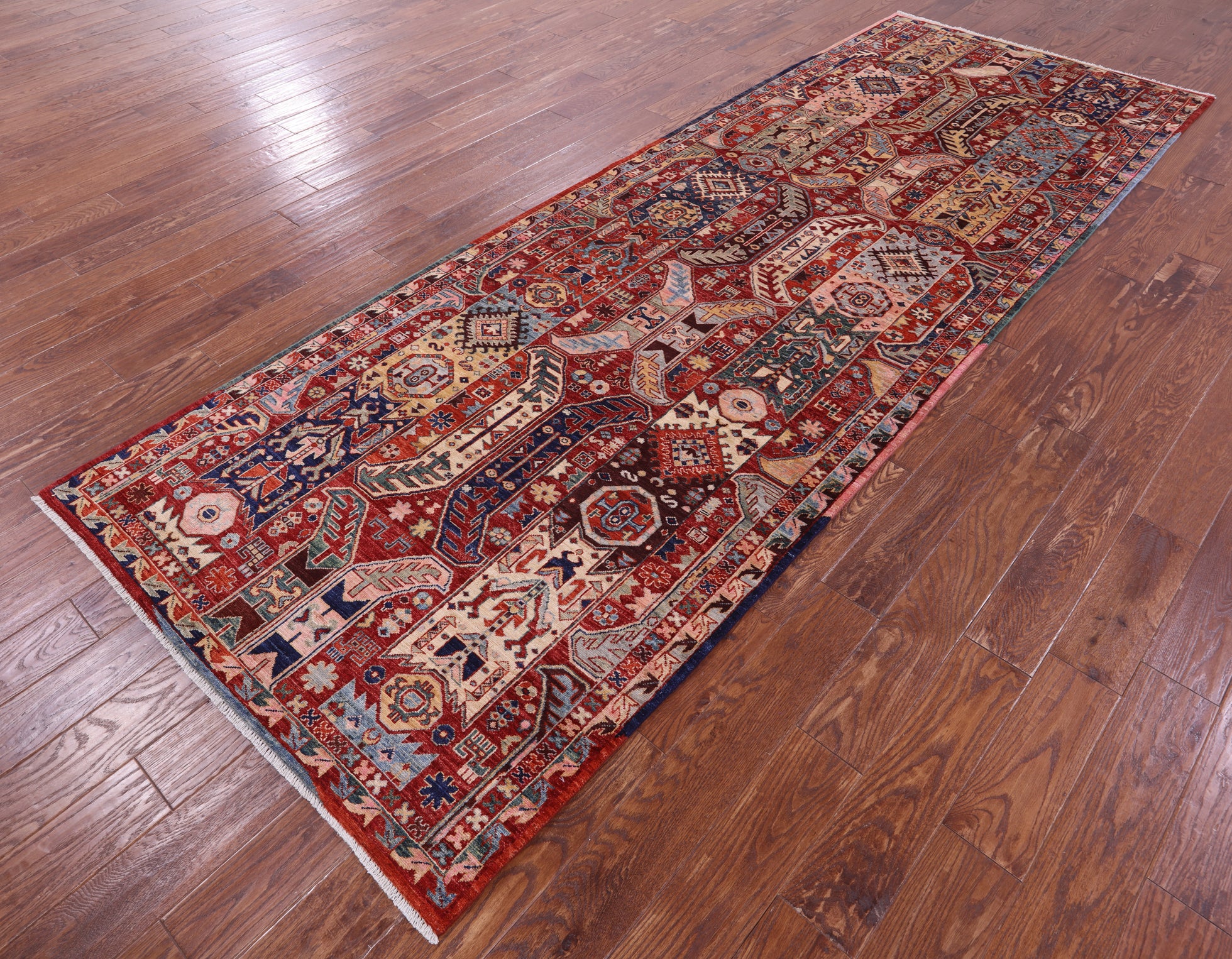 Red Persian Fine Serapi Handmade Wool Runner Rug - 4' 2" X 11' 8" - Golden Nile