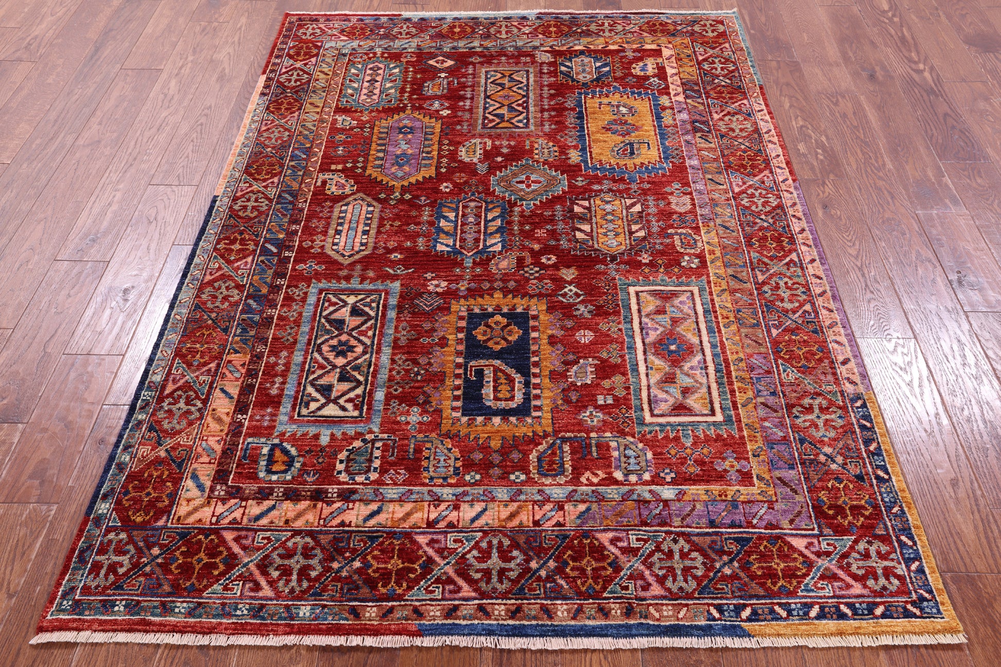 Red Persian Fine Serapi Hand Knotted Wool Rug - 4' 10" X 6' 9" - Golden Nile