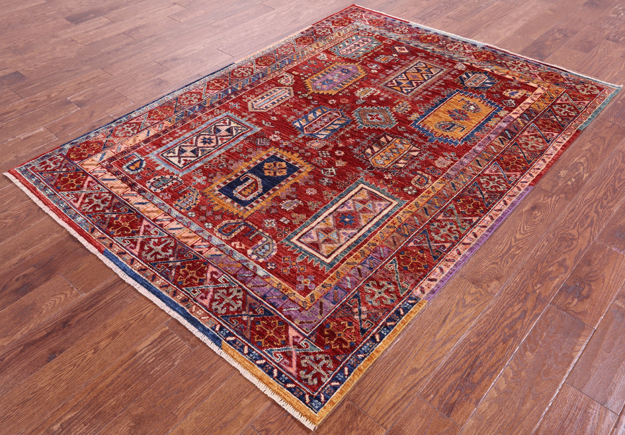 Red Persian Fine Serapi Hand Knotted Wool Rug - 4' 10" X 6' 9" - Golden Nile