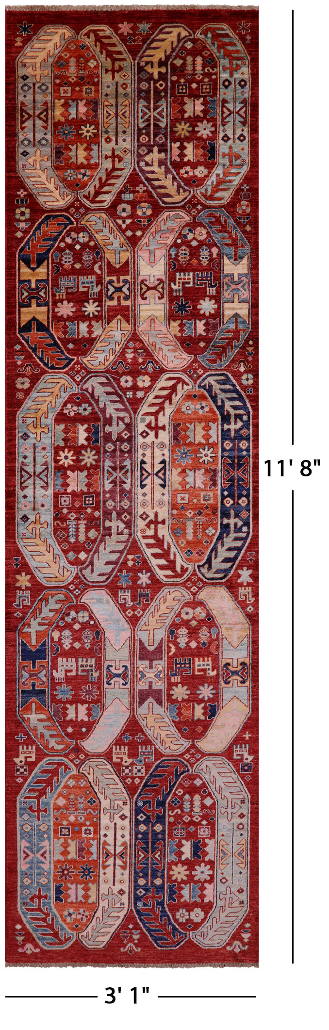 Red Persian Fine Serapi Hand Knotted Wool Runner Rug - 3' 1" X 11' 8" - Golden Nile