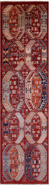 Red Persian Fine Serapi Hand Knotted Wool Runner Rug - 3' 1" X 11' 8" - Golden Nile