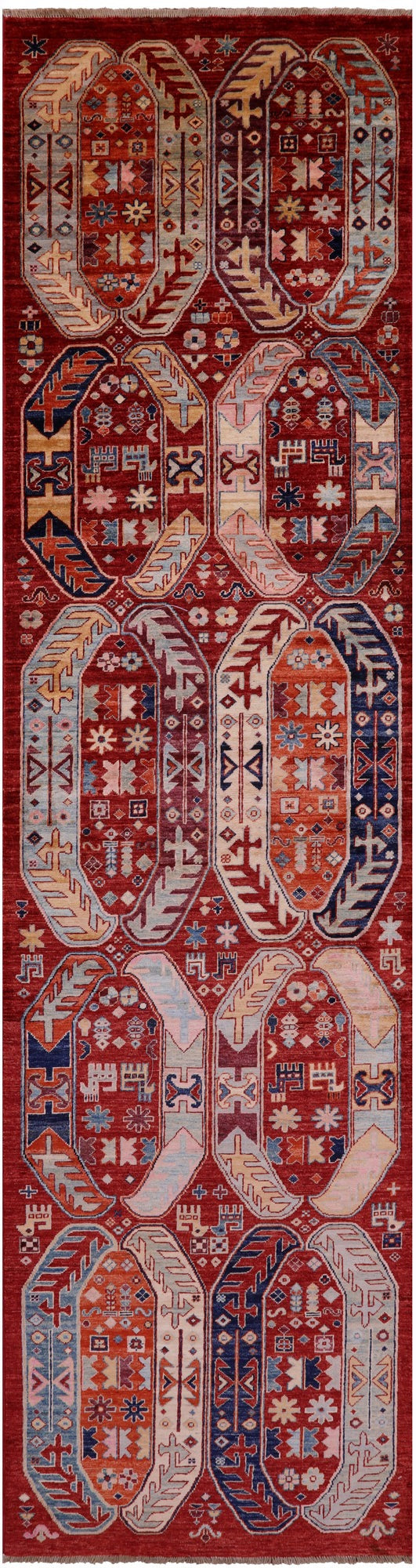 Red Persian Fine Serapi Hand Knotted Wool Runner Rug - 3' 1" X 11' 8" - Golden Nile