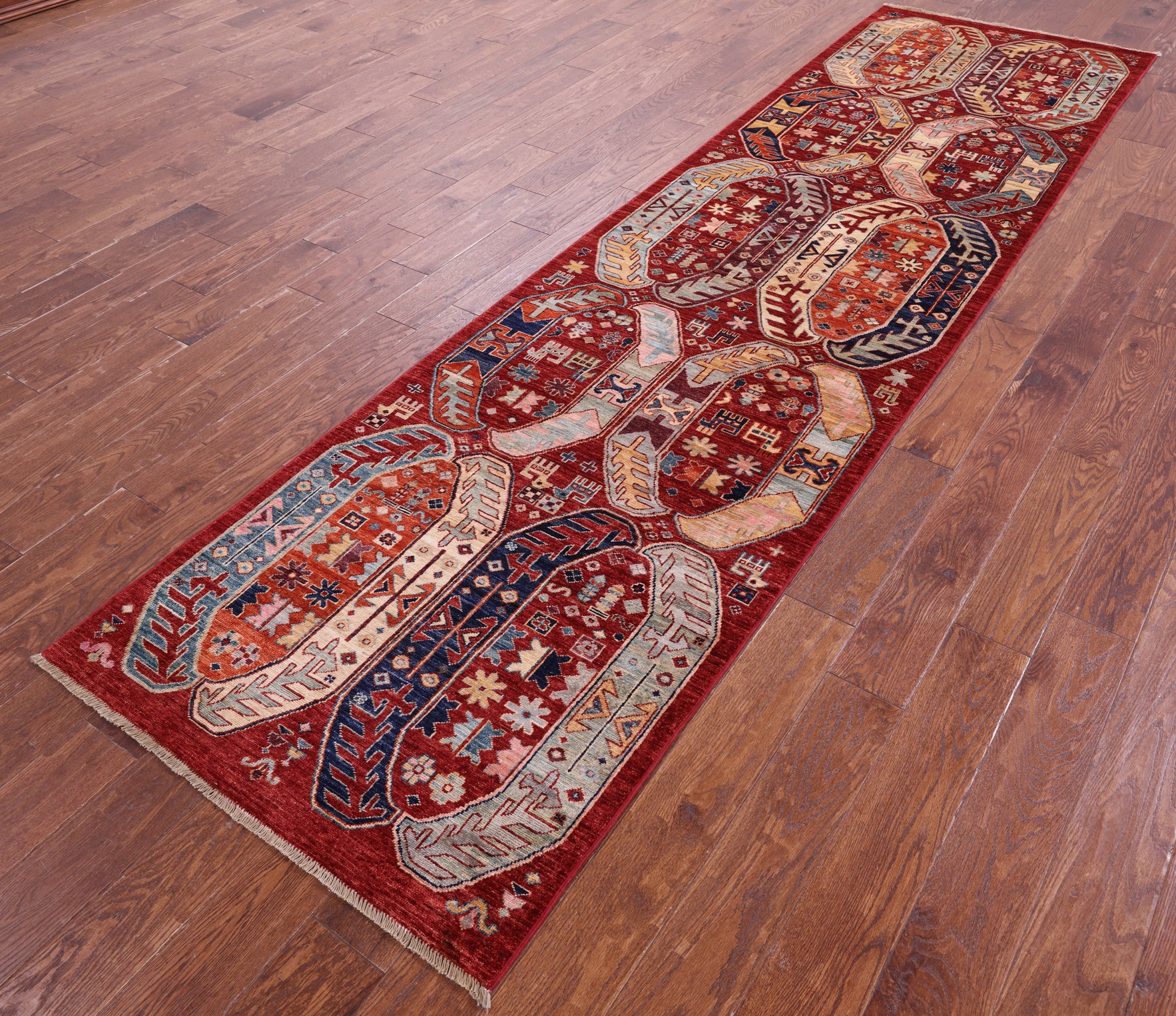 Red Persian Fine Serapi Hand Knotted Wool Runner Rug - 3' 1" X 11' 8" - Golden Nile