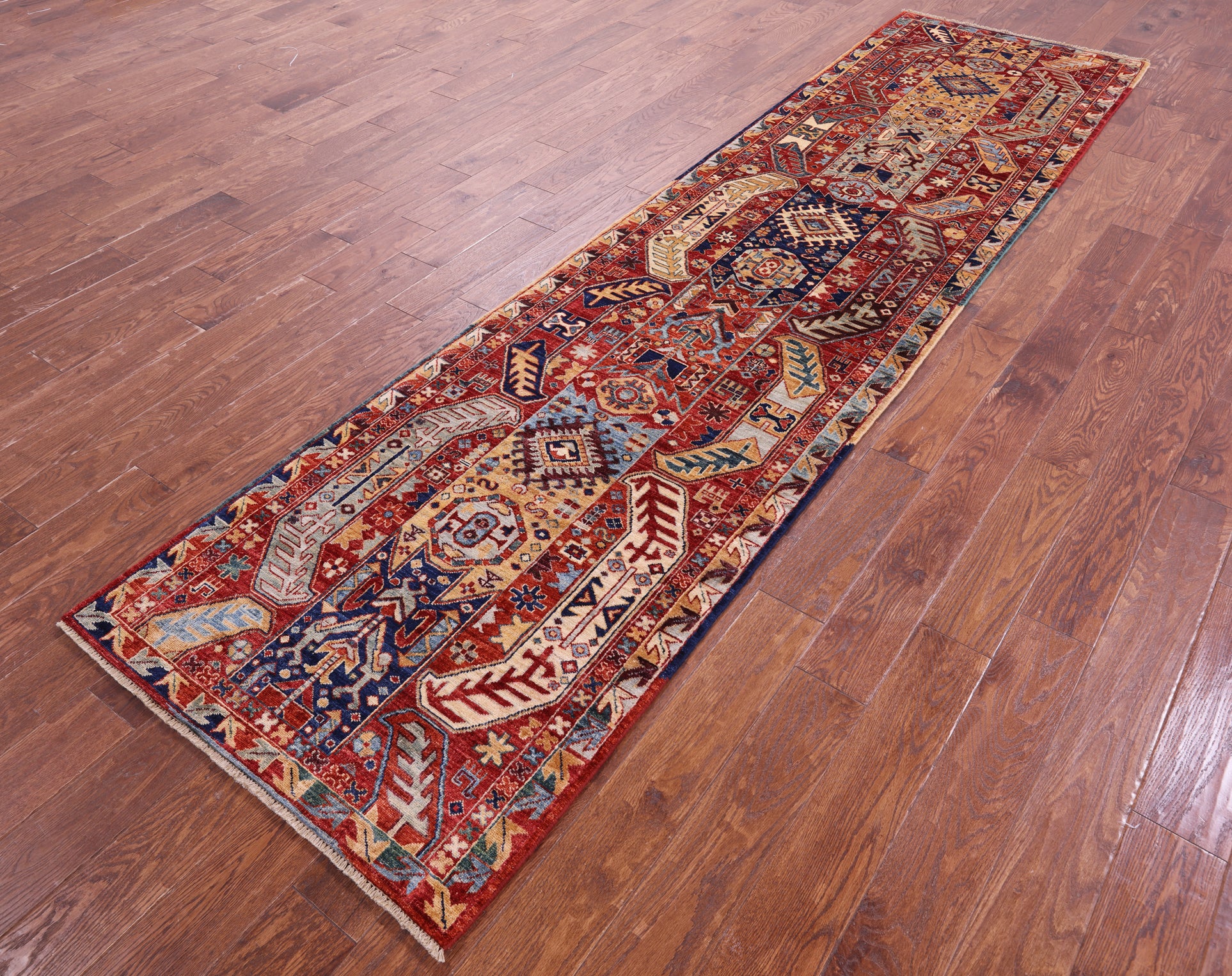 Red Persian Fine Serapi Hand Knotted Wool Runner Rug - 2' 11" X 11' 9" - Golden Nile