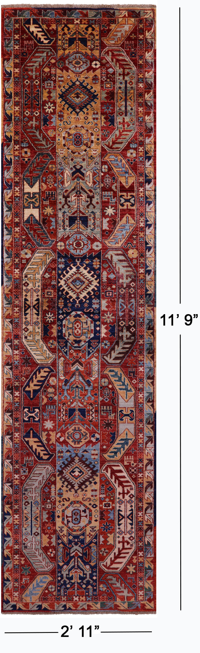 Red Persian Fine Serapi Hand Knotted Wool Runner Rug - 2' 11" X 11' 9" - Golden Nile