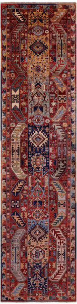 Red Persian Fine Serapi Hand Knotted Wool Runner Rug - 2' 11" X 11' 9" - Golden Nile