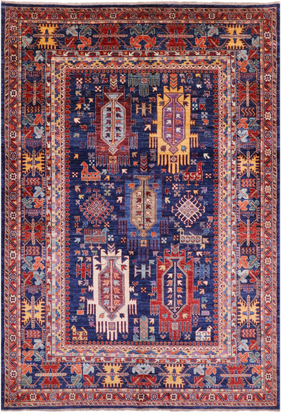 Blue Persian Fine Serapi Handmade Wool Rug - 5' 11" X 8' 9" - Golden Nile